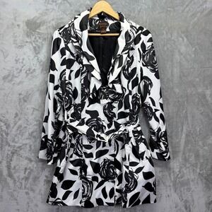 NWT Multiples Womens Floral Rose Silky Long Jacket Black White Belted Jacket M